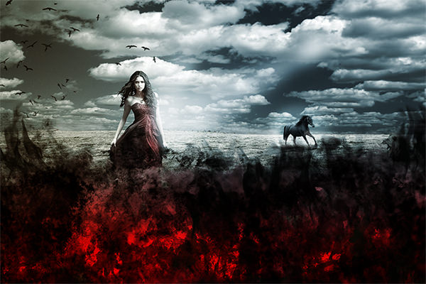 Artistic Photo Manipulation of a Girl in a Red Field